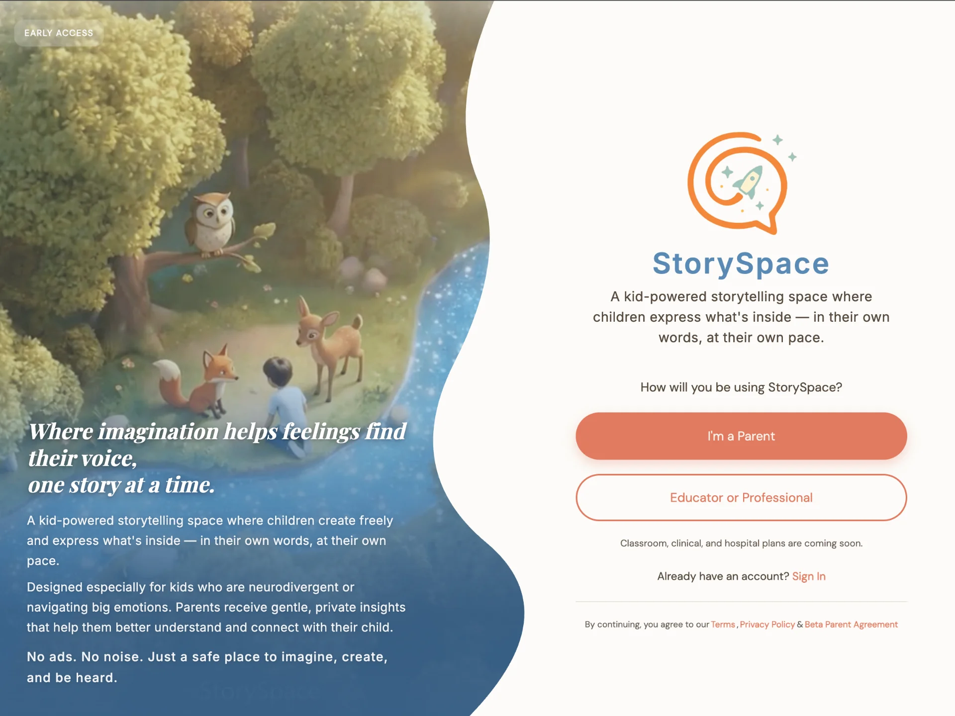 StorySpace app welcome screen with kid-powered storytelling intro