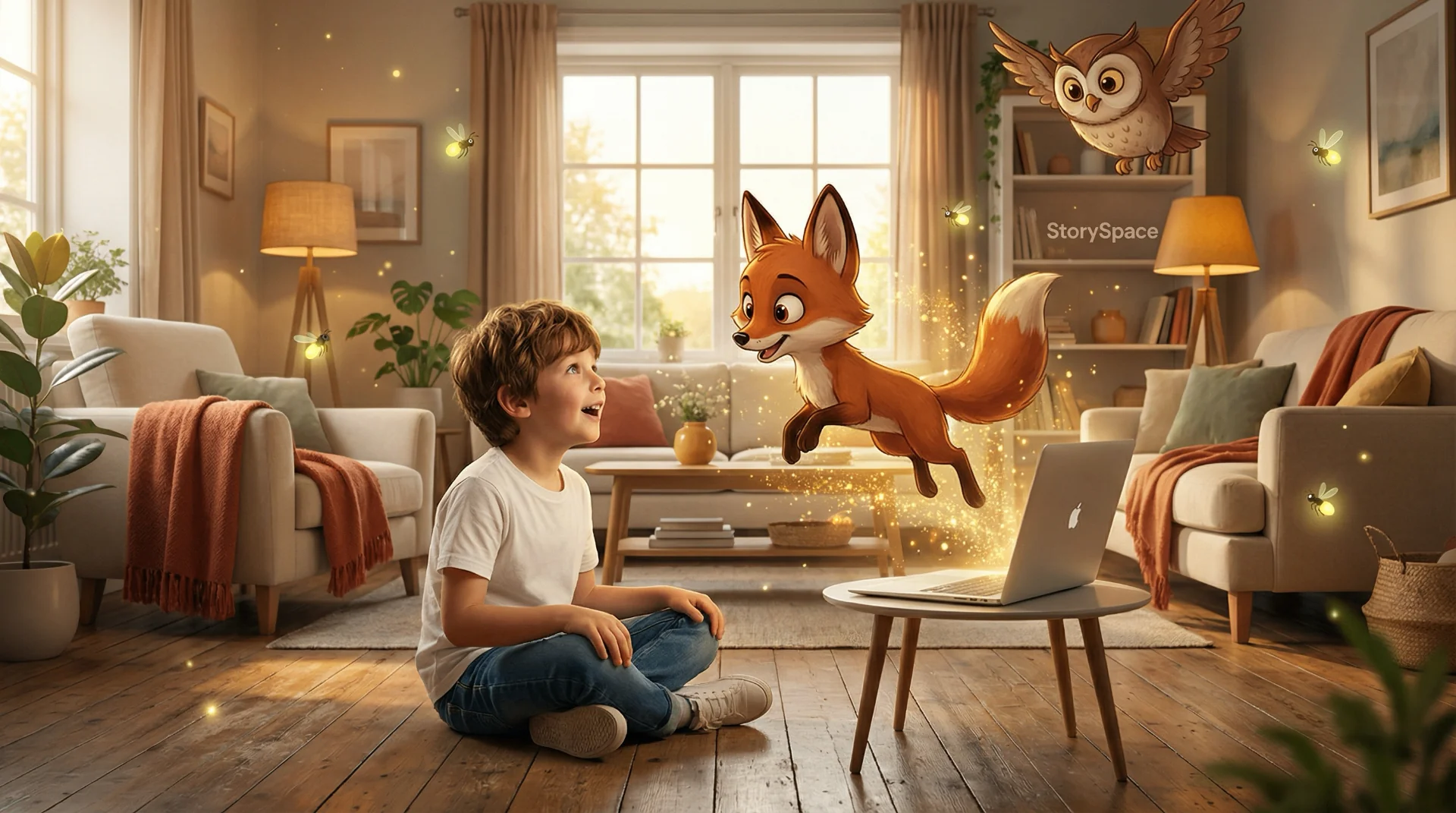 Child imagining a story come to life with a friendly fox character