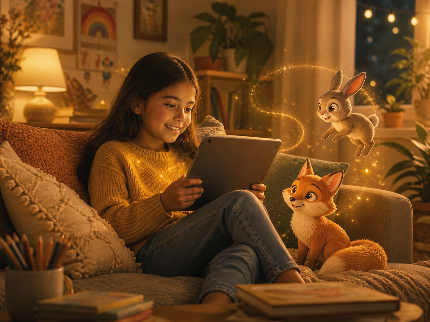 Girl using StorySpace on a tablet with magical story characters